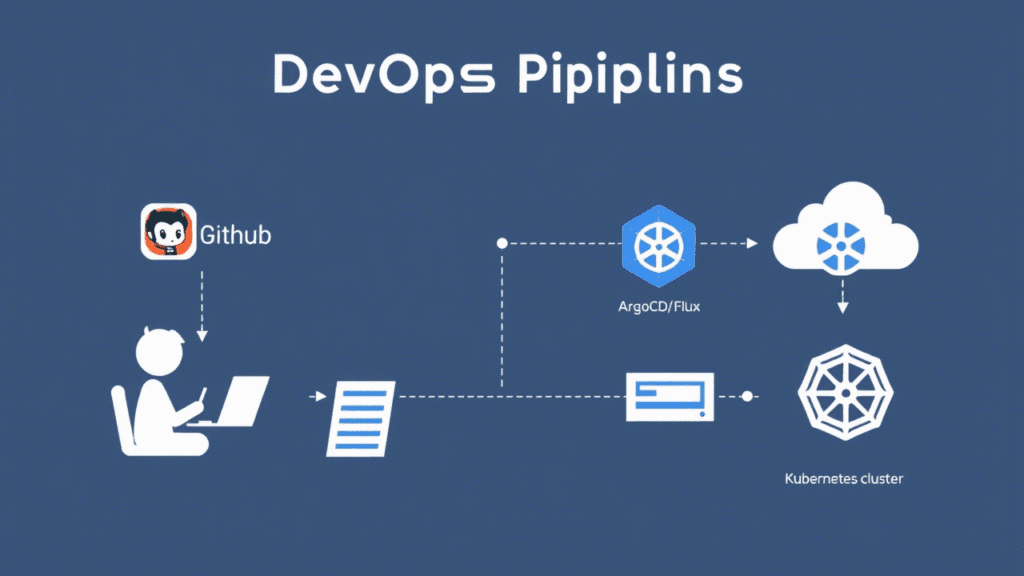 GitOps in CI/CD pipelines workflow showing GitOps repository sync with Kubernetes cluster using GitHub Actions and Flux